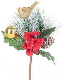 MagicHome Vetvička Vianoce, s vtáčikom, červeno - zlatá, 16 cm