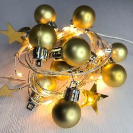 MagicHome Reťaz Vianoce Ball, 20 LED teplá biela, s guľami a hviezdami, zlatá, 2xAA