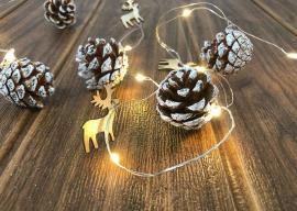 MagicHome Reťaz Vianoce Pine, 20 LED teplá biela, so zasneženými šiškami, 2xAA