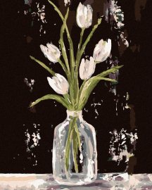 Zuty Biele tulipány v sklenenej váze (Haley Bush), 80x100cm plátno napnuté na rám