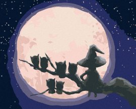 Zuty Čarodejnica a sovy sediace proti mesiacu, 80x100cm plátno napnuté na rám