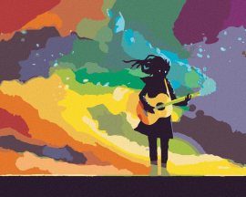 Zuty Dievča hrajúce na gitaru s farebným dymom, 80x100cm bez rámu a bez napnutia plátna