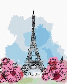 Zuty Eiffelova veža v Paríži s ružovými kvetinami, 80x100cm bez rámu a bez napnutia plátna