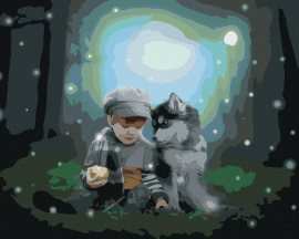 Zuty Husky a chlapček v lese, 80x100cm plátno napnuté na rám