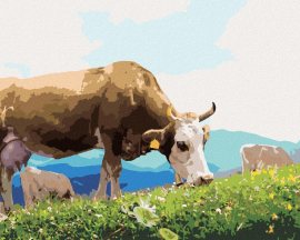 Zuty Krava na paši pri horách, 80x100cm bez rámu a bez napnutia plátna