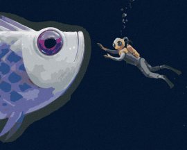 Zuty Obria hlava ryby s potápačom, 80x100cm bez rámu a bez napnutia plátna