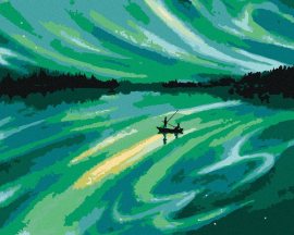 Zuty Plávajúca loďka a zelená vesmírna obloha, 80x100cm plátno napnuté na rám