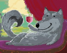 Zuty Sivý vlk na pohovke s pohárom vína, 80x100cm bez rámu a bez napnutia plátna