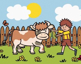 Zuty Chlapec s kravou na paši, 40x50cm bez rámu a bez napnutia plátna