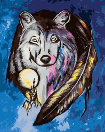 Zuty Vlk s amuletovým perím, 80x100cm plátno napnuté na rám