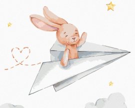 Zuty Zajac v papierovom lietadle, 80x100cm plátno napnuté na rám