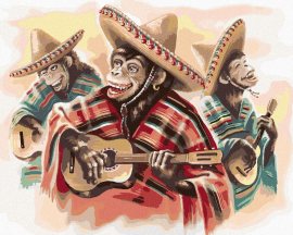 Zuty Mexické trio opíc hrajúce na gitaru, 80x100 cm, vypnuté plátno na rám